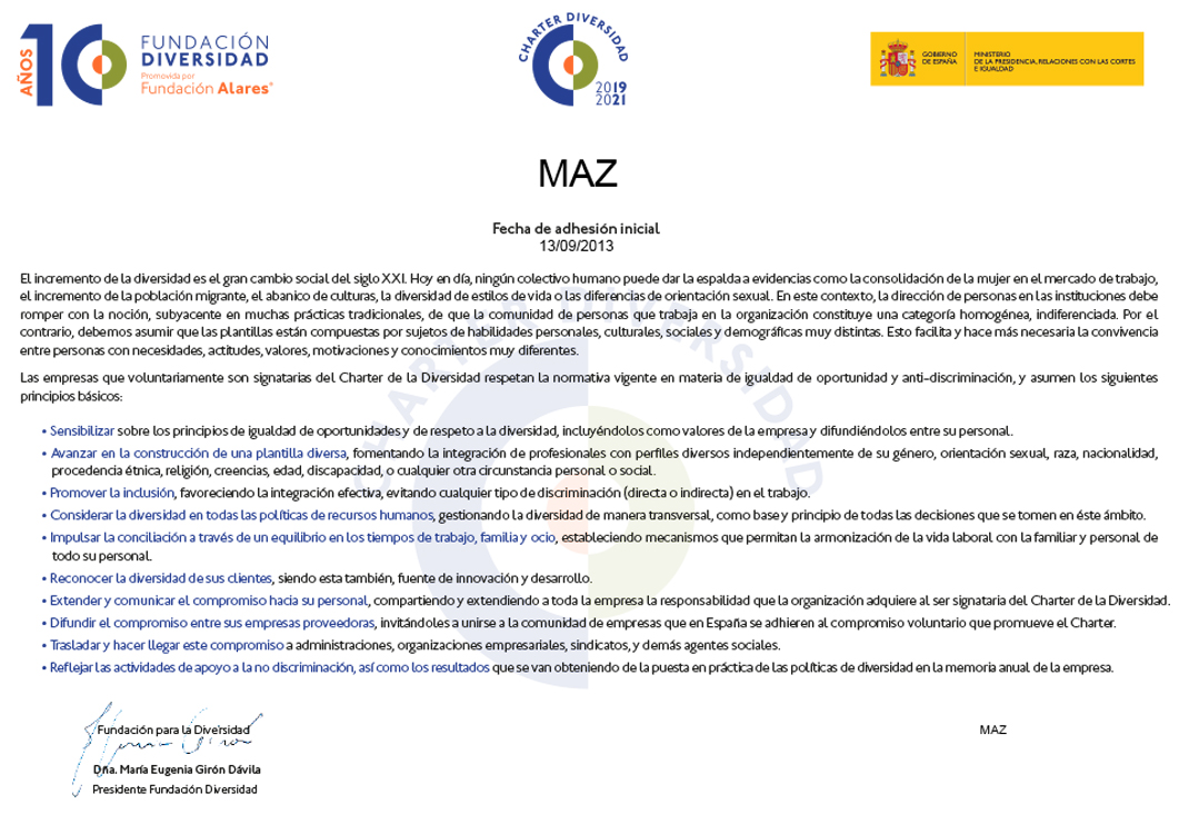 Mutua MAZ firma su compromiso con el Charter de la Diversidad